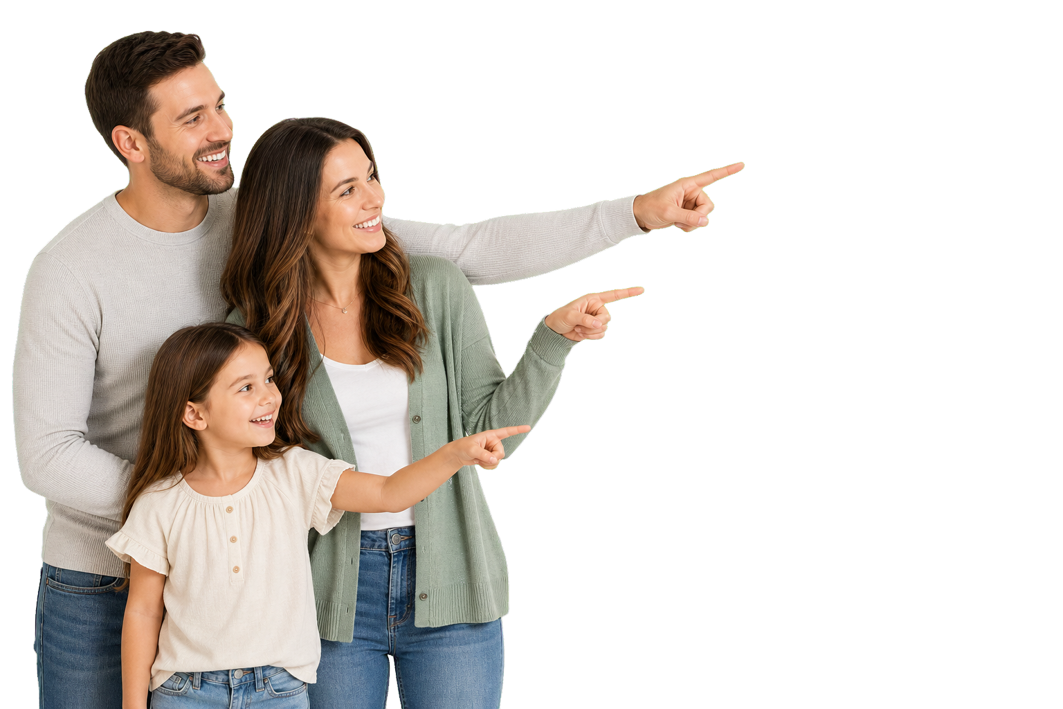 Young family pointing toward the information form